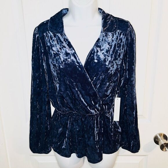 Modcloth Peak of Chic Crushed Velvet Top Faux Wrap Puff Sleeve Blue S - Picture 5 of 11